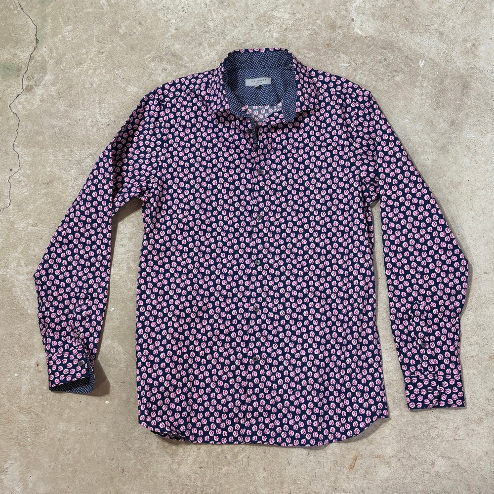 Ted Baker Navy Blue Pink Roses Floral Casual Button Down Shirt Men’s Medium